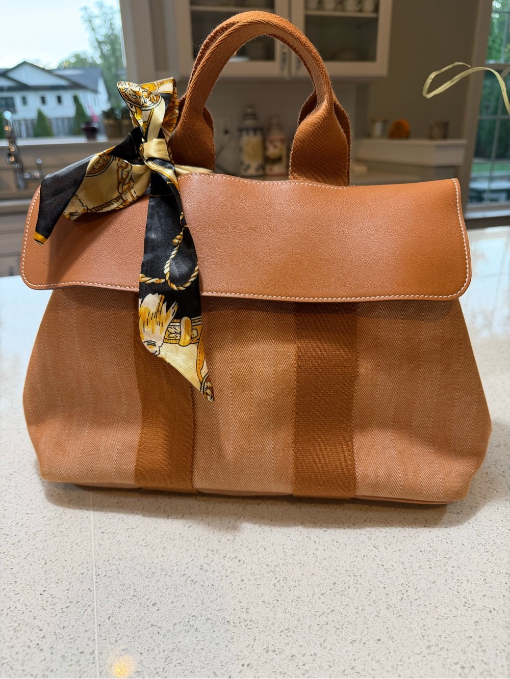 Hermes Valparaiso PM Toile Chevrons Canvas Swift Leather Tote Brown